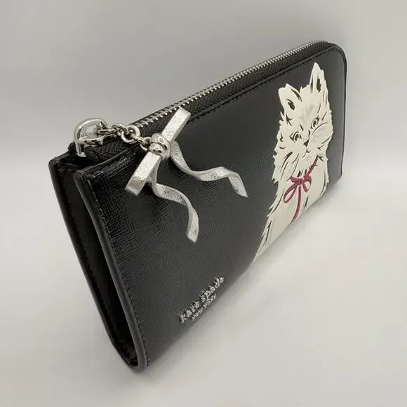 Kate Spade Whiskers Zip Around Continental Wallet KI714 Black with White Cat - Picture 7 of 12